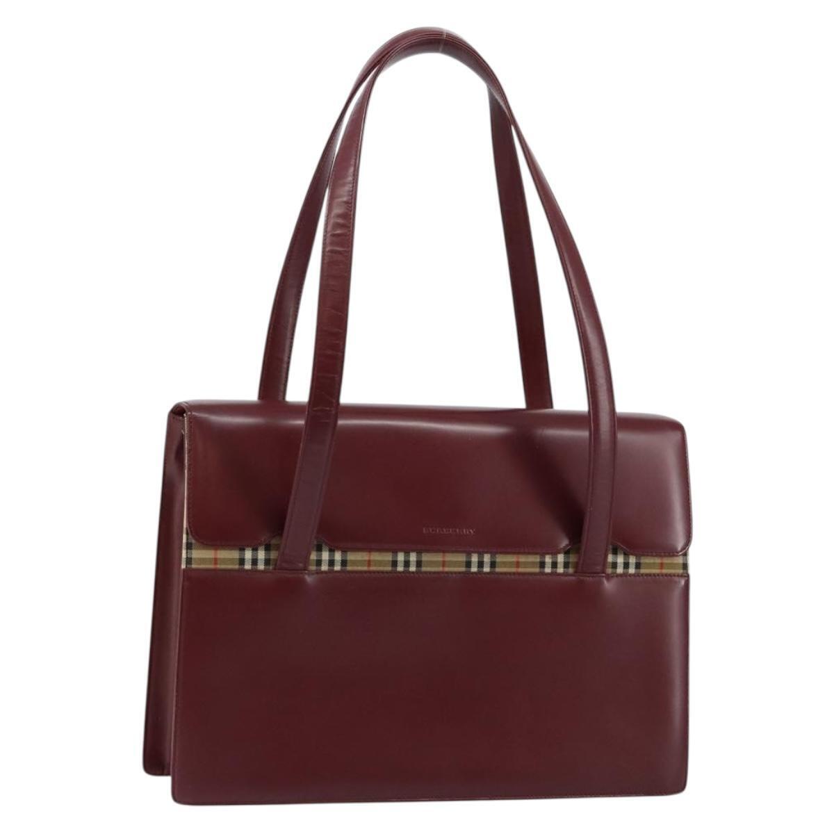Burberry Nova Check Hand Bag Canvas Leather Bordeaux Beige Auth Ki6009